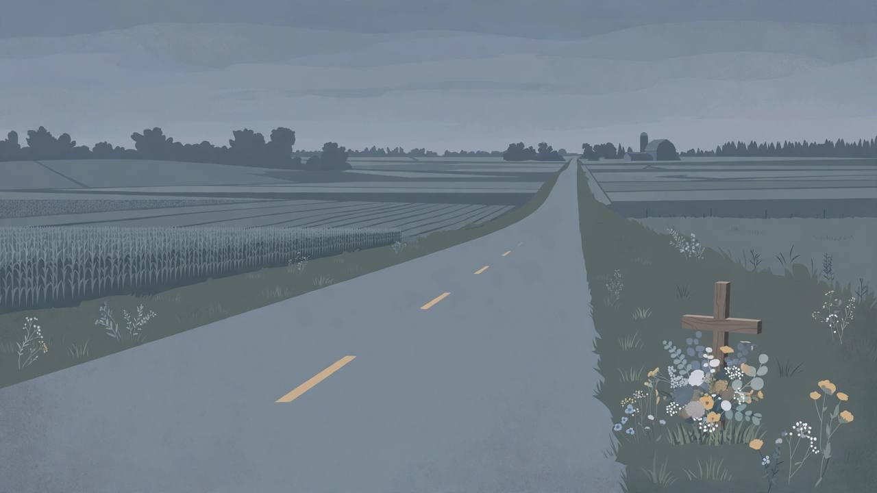 Editorial illustration of a quiet rural Michigan two-lane road at dusk with a small roadside memorial of flowers, no vehicles and no people