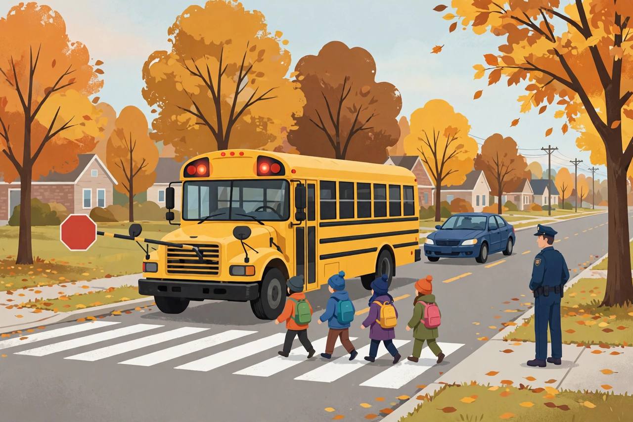 Editorial illustration of a stopped yellow school bus with red lights flashing and children crossing safely while a car waits, flat style, no real person