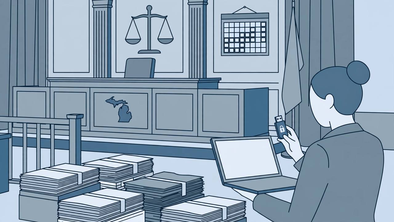 Editorial illustration of a Michigan courtroom with a clerk holding a laptop and an encrypted flash drive beside stacks of election pollbook records