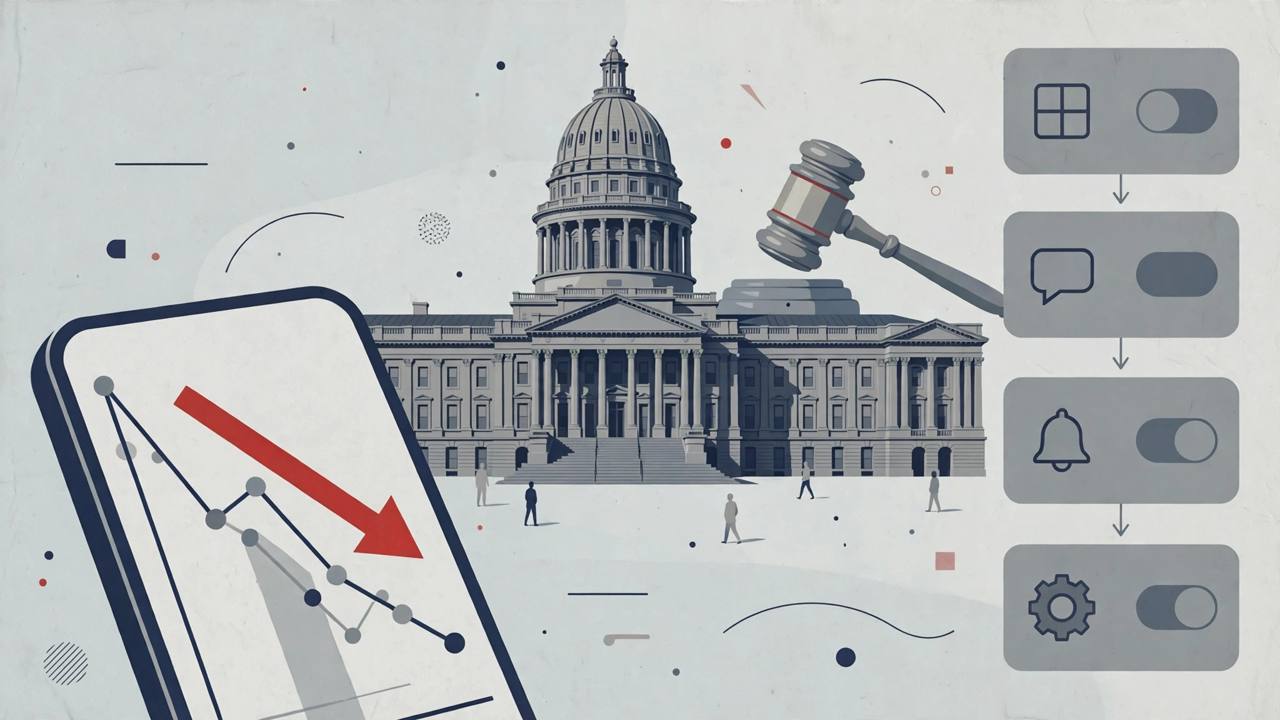 Editorial illustration of a capitol building, a judge's gavel and a smartphone chart with app switches turning off, representing Michigan's halt to Polymarket sports event contracts