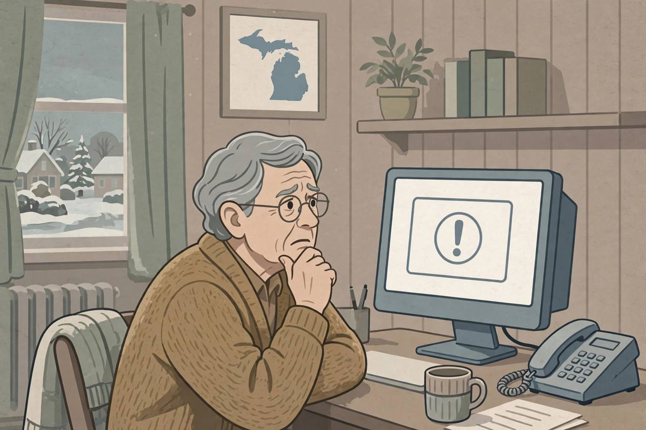 Editorial illustration of a generic elderly person at a home computer with a plain warning pop-up, flat style, no logos, no readable text, no real person depicted
