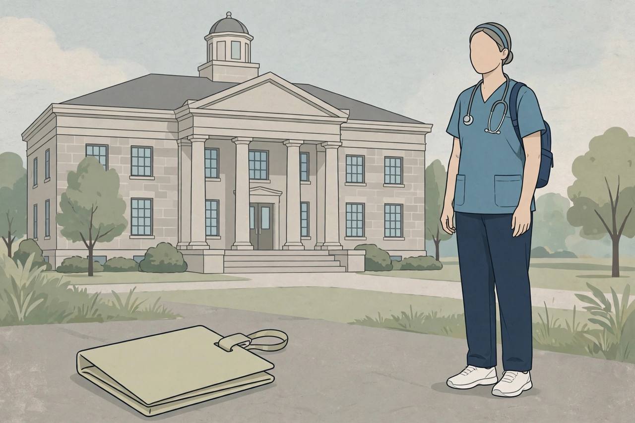 Editorial illustration of a generic home-healthcare worker outside a courthouse in Michigan, flat style, no real person depicted
