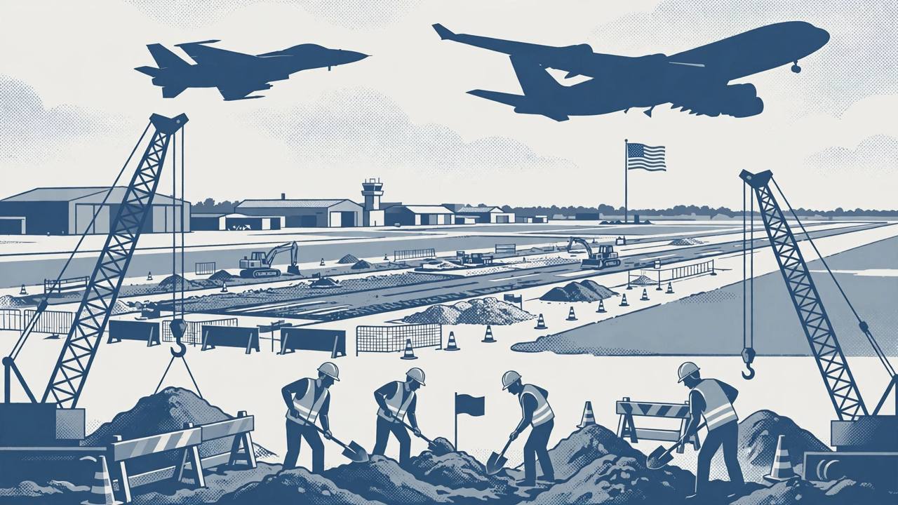 Editorial illustration of a military air base runway under expansion with fighter jet and tanker aircraft silhouettes