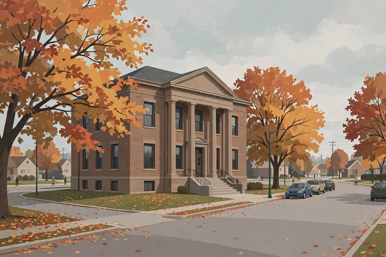 Editorial illustration of a Michigan district courthouse exterior on a quiet autumn day, flat style, no real person depicted and no incident shown