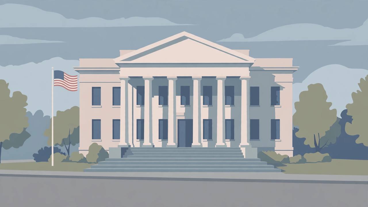 Editorial illustration of a generic courthouse with columns and steps, flat style, no people, no text — no actual court or person is depicted