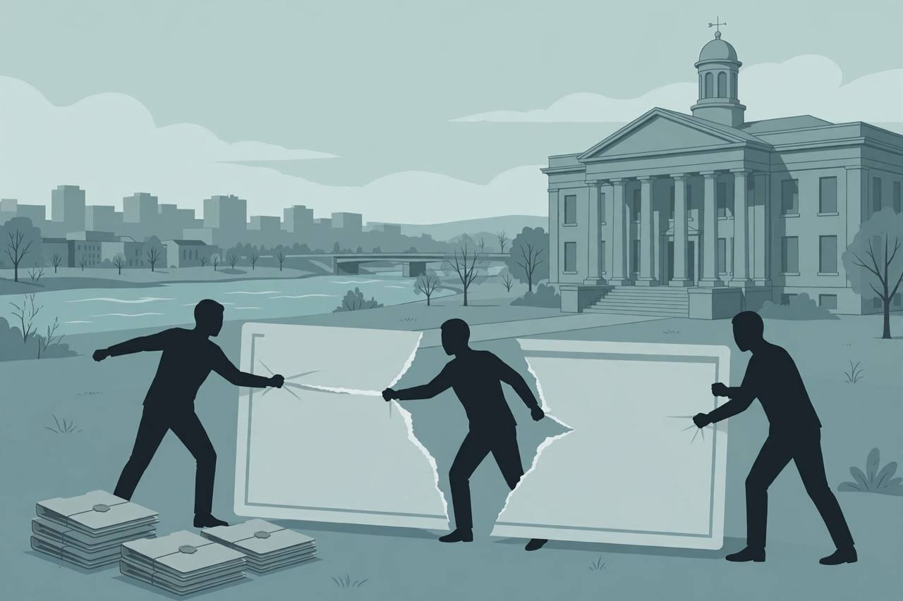 Editorial illustration of generic figures tearing up an oversized fake prize cheque in front of a courthouse, flat style, no real person depicted