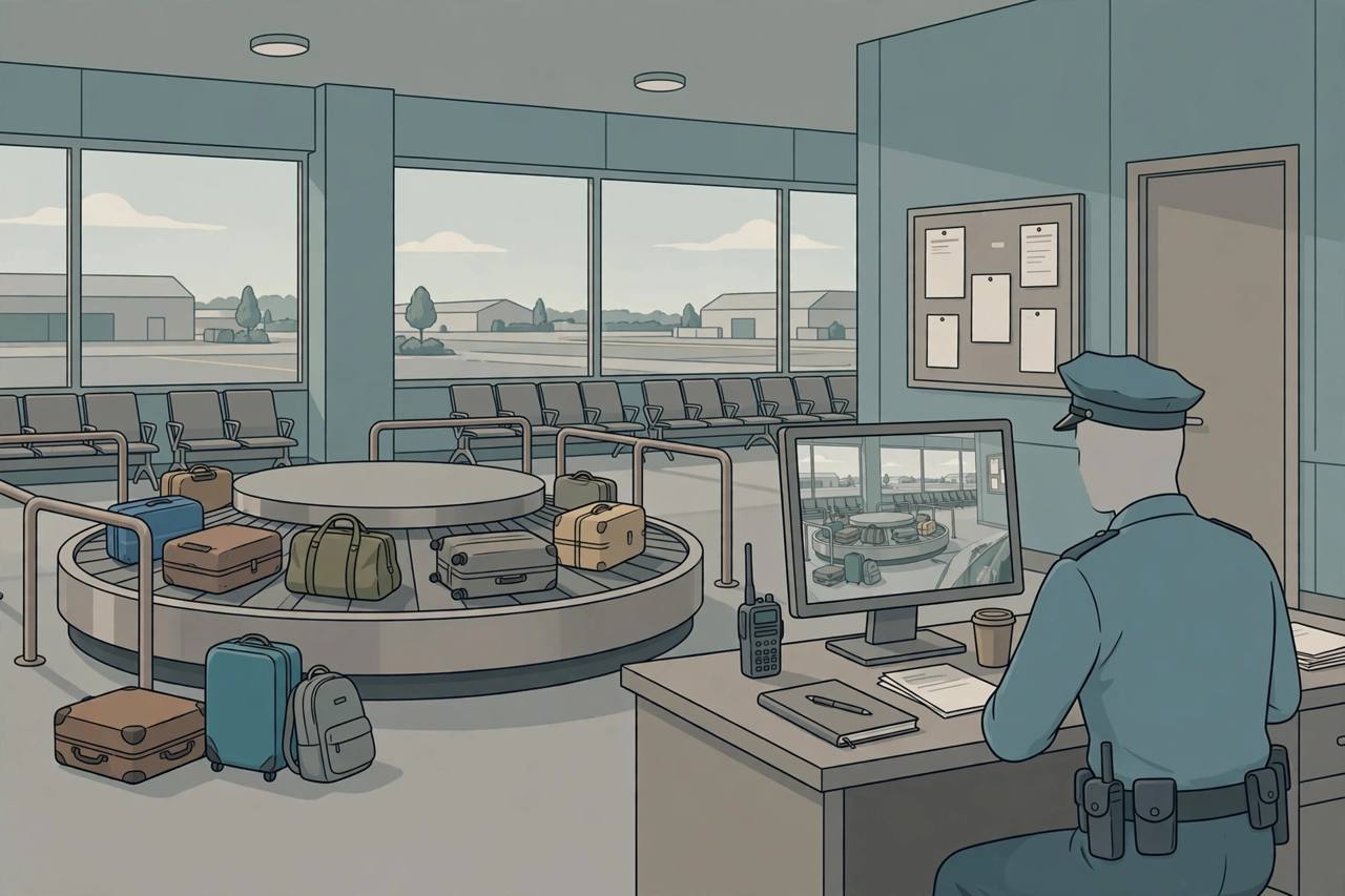 Editorial illustration of an airport baggage carousel with suitcases and an airport police officer reviewing a security monitor