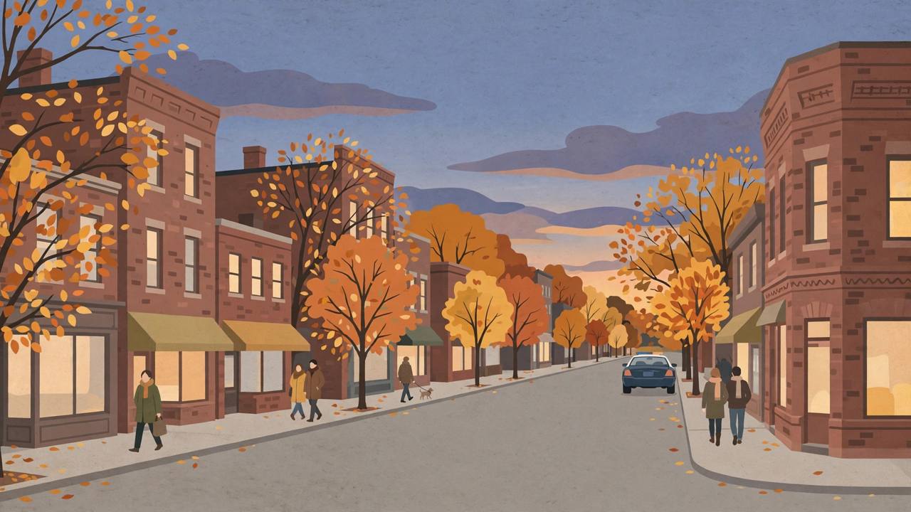 Editorial illustration of a calm Michigan town street at dusk with autumn trees and residents walking, flat style, no text