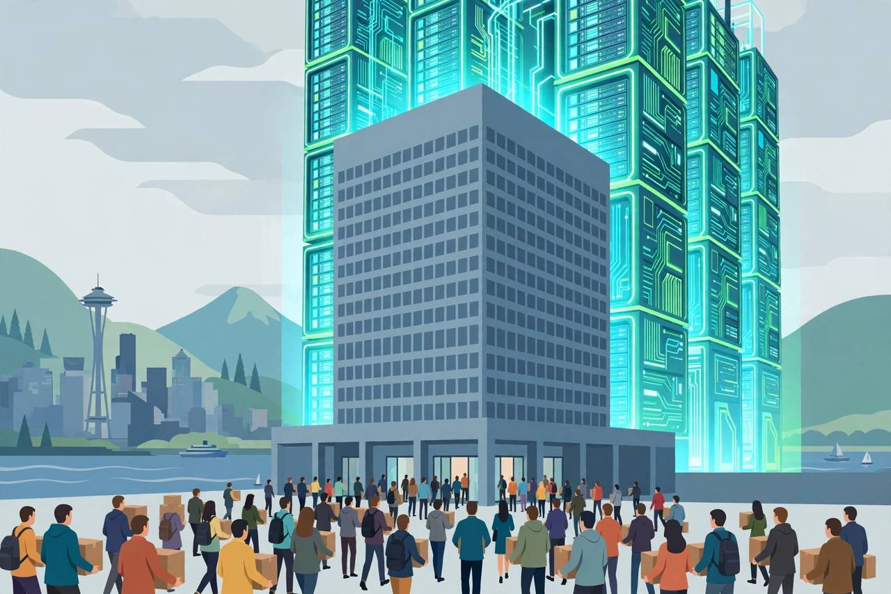 Editorial illustration of a generic office tower with glowing AI server towers behind it and generic workers carrying boxes out, Seattle skyline in the distance, flat style, no real person, no text