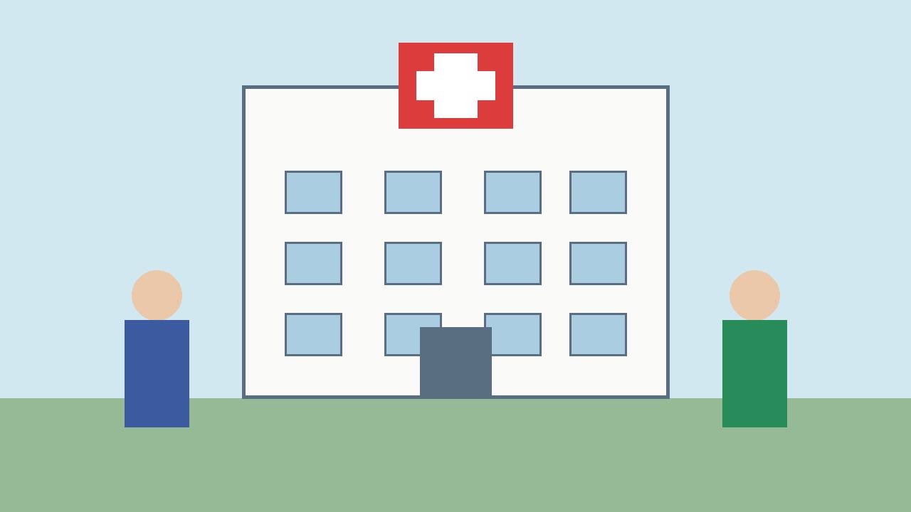 Editorial illustration of a hospital building with a red cross and generic figures outside