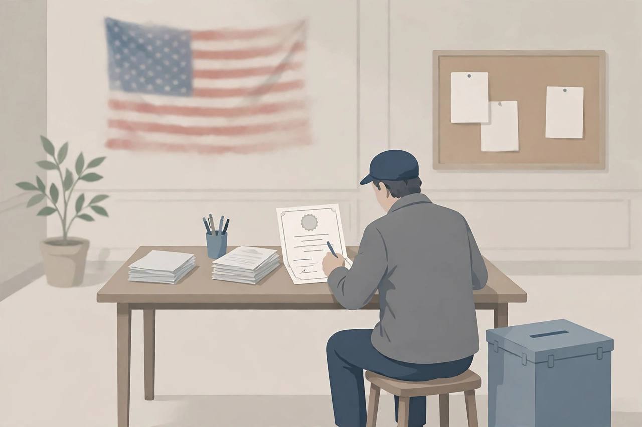 Editorial illustration of a generic voter signing a paper certificate at a polling-place table with a ballot box and a US flag, flat style, face not shown, no real person depicted