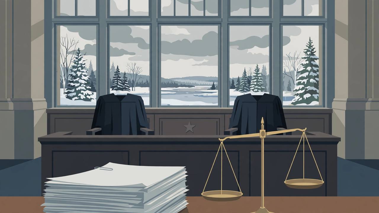 Editorial illustration of a courthouse bench with two empty judges' robes, legal papers and scales of justice