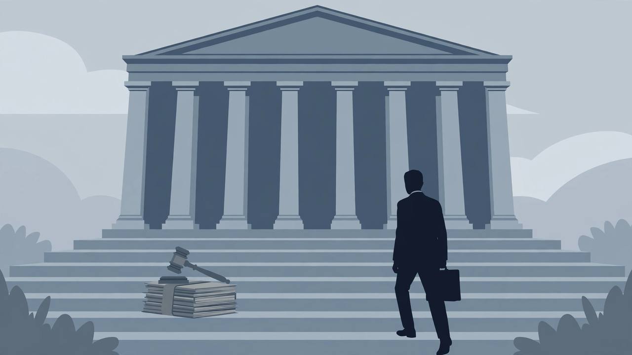 Editorial illustration of a federal courthouse with columns, a gavel and case files on the steps and a generic lawyer silhouette, flat style, no real person depicted