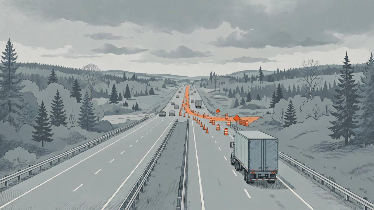 Editorial illustration of a semi truck on Interstate 35 in Minnesota approaching an orange highway construction zone under a grey sky