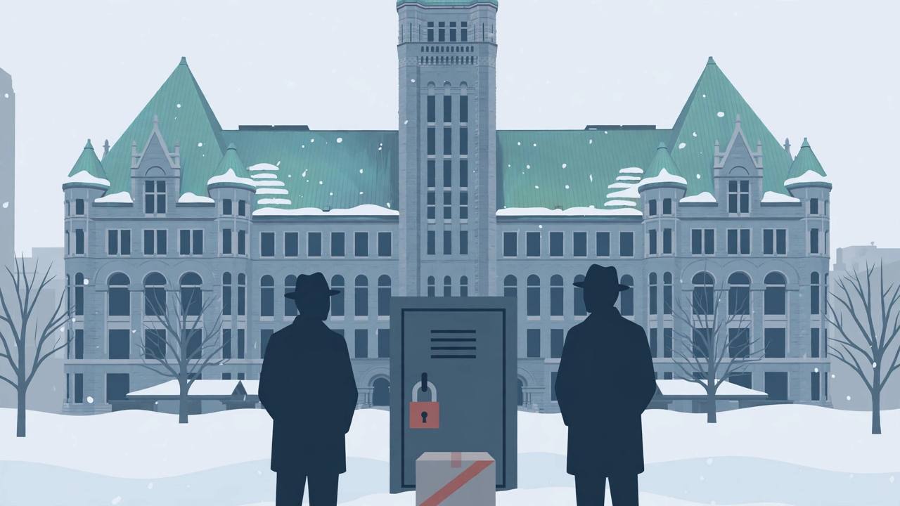 Editorial illustration of two silhouetted investigators facing a locked evidence locker in front of a snow-covered Minneapolis courthouse