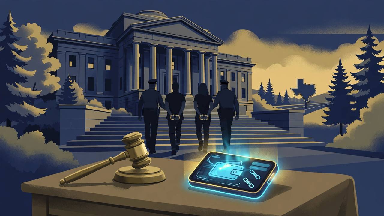 Editorial illustration of a Minnesota federal courthouse at dusk with a gavel and a glowing cryptocurrency wallet device on an evidence table in the foreground