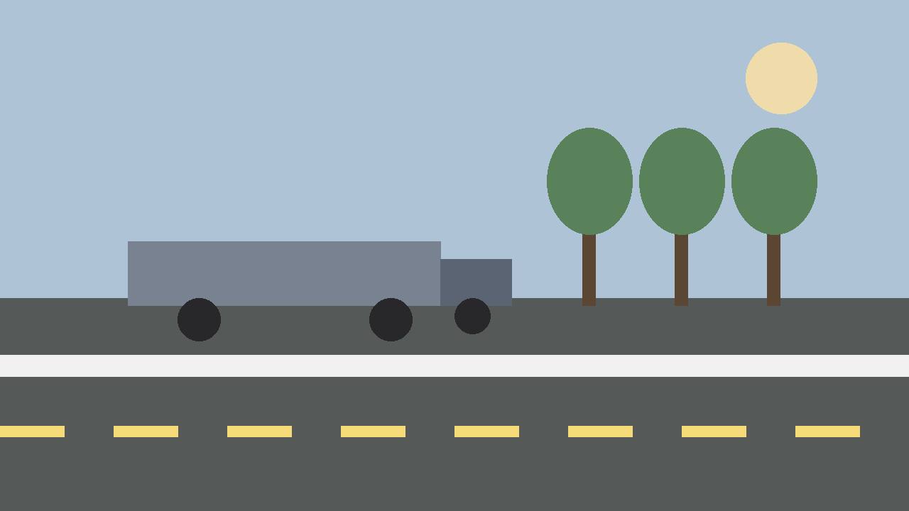 Editorial illustration of an empty highway shoulder at dusk with a generic parked semi truck in the distance and trees, flat style, no incident, no people, no text, no real person's face