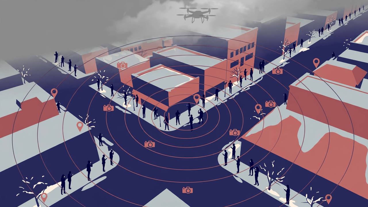 Editorial illustration of a winter city street seen from above, with generic silhouetted figures holding phones inside concentric surveillance rings, camera and location-pin symbols, and a small drone in a grey sky
