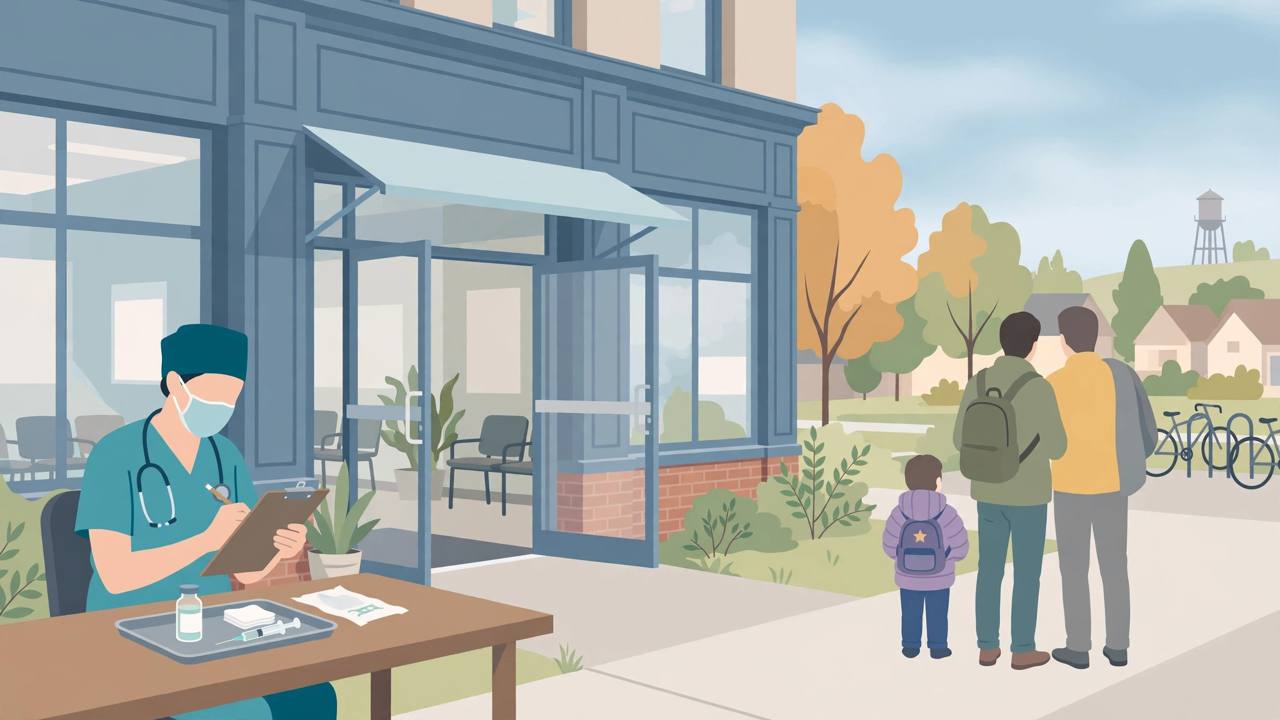 Editorial illustration of a nurse at a screening desk outside a small-town Minnesota clinic, with a family waiting