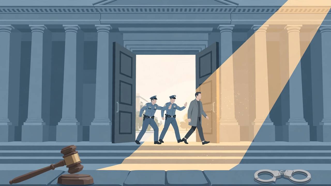 Editorial illustration of a man walking out of a federal building toward daylight while uniformed officers stop him again at the open doors, with courthouse columns behind