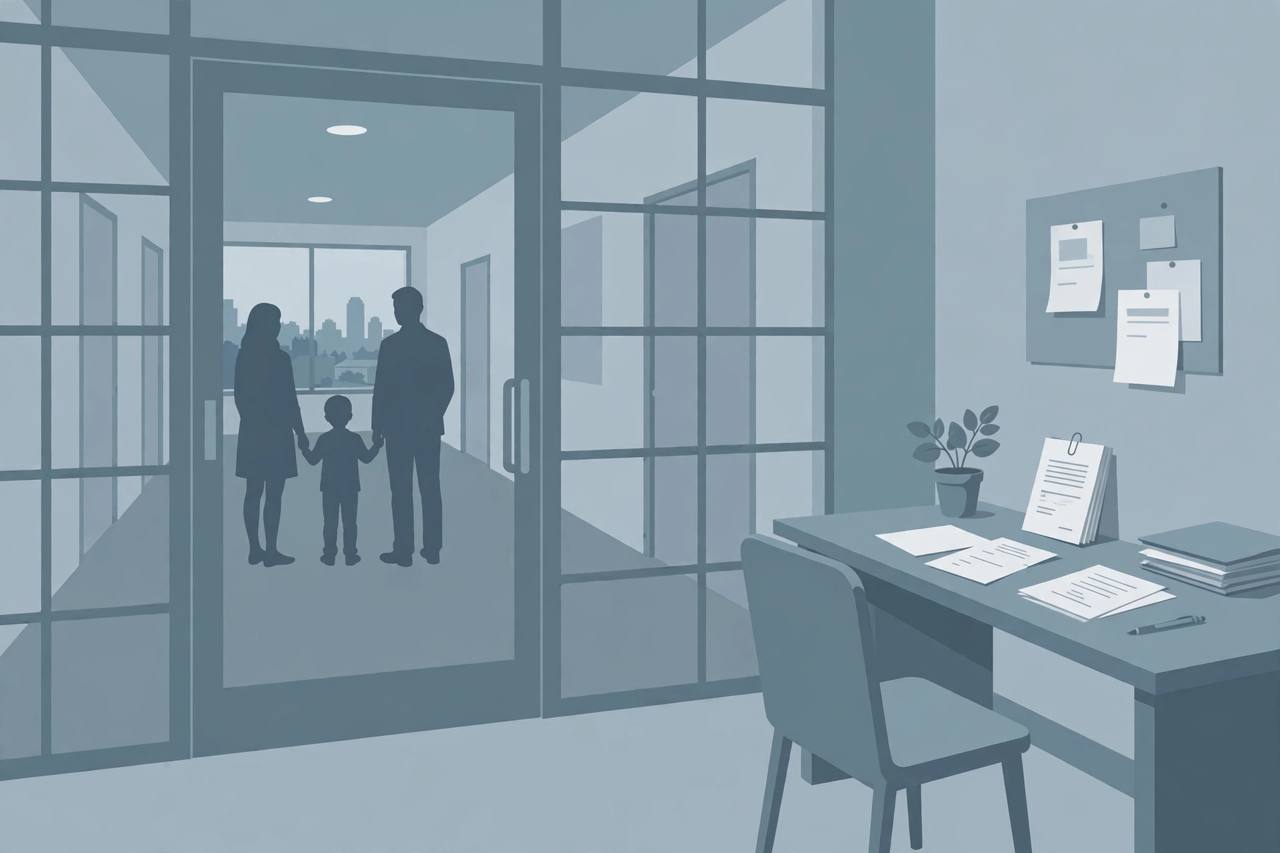 Editorial illustration of a generic government office interview room with paperwork on a desk and a family waiting outside, flat style, muted tones, generic figures only