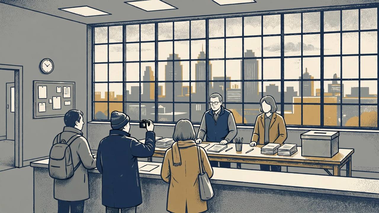Editorial illustration of a generic American polling place registration desk with election judges, ballot application forms and a ballot box, generic figures and a city skyline through a window, flat muted navy and ochre newspaper style