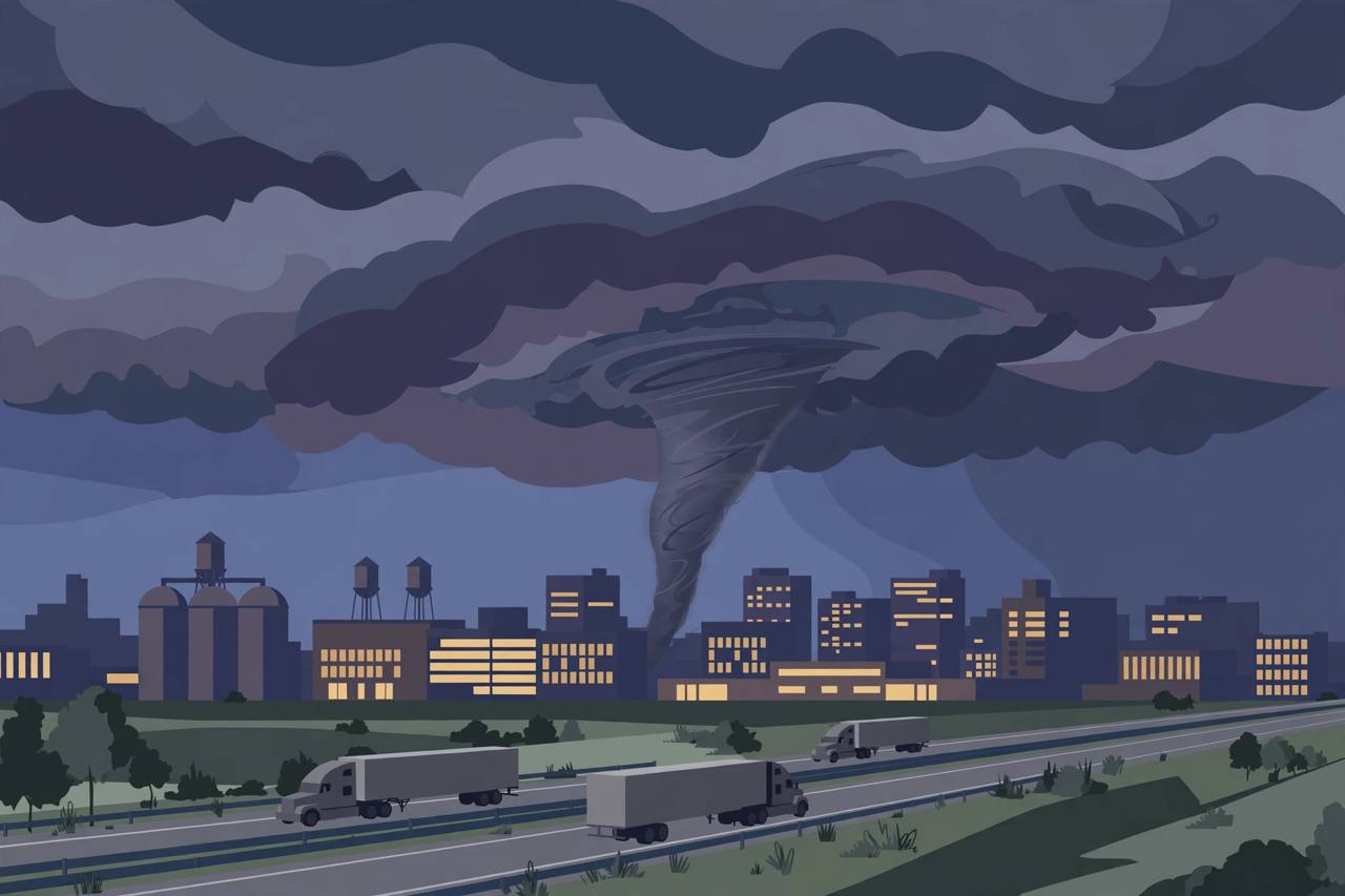 Editorial illustration of a tornado funnel forming under dark storm clouds over a Midwestern city skyline, with trucks on an interstate highway in the foreground