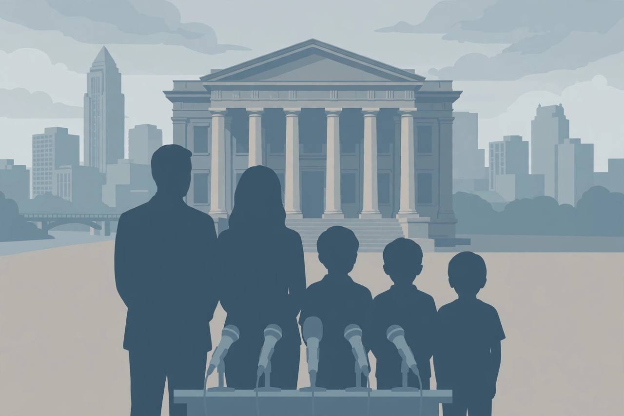 Editorial illustration of a respectful press conference with generic figures behind microphones in Minneapolis