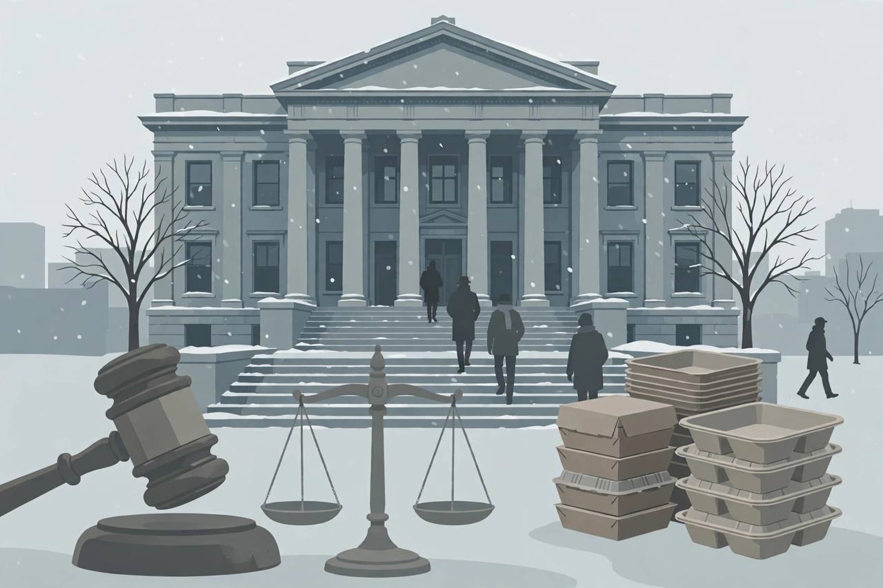 Editorial illustration of a snowy Minneapolis courthouse with a gavel, scales of justice and stacked empty meal boxes