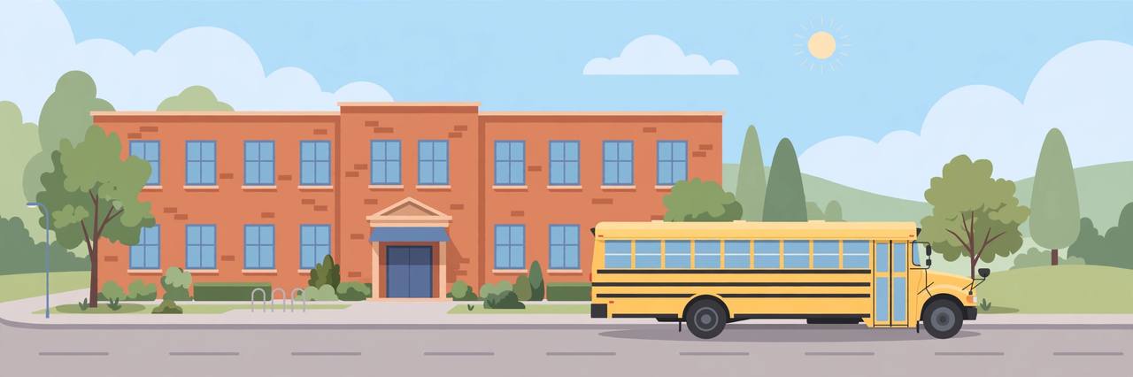 Editorial illustration of a yellow school bus parked safely in front of a generic school building, flat style, no people depicted