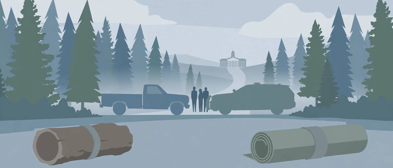 Editorial illustration of a pickup truck stopped on a northern Minnesota forest road, with a hollowed-out log and a rolled carpet shown as sealed evidence items and a courthouse in the background