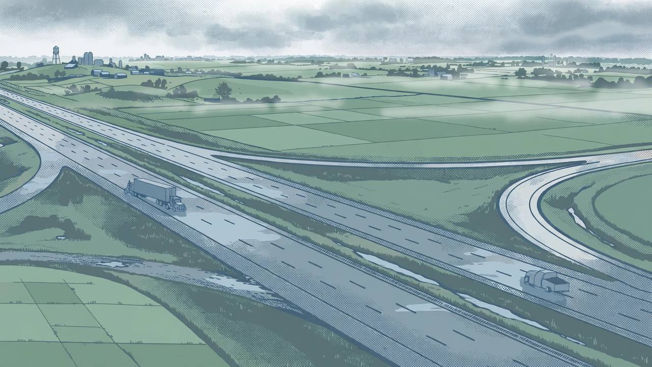 Editorial illustration of a wet interstate highway and merge ramp in rural Minnesota farmland, with a generic semi-truck on the main lanes, flat style, no text, no people and no crash depicted