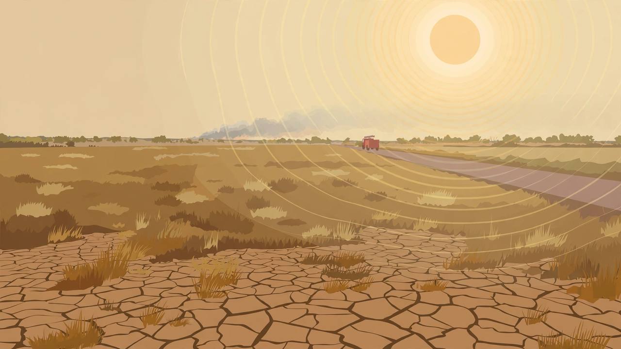 Editorial illustration of a cracked, parched field under a harsh sun with wildfire smoke on the horizon in Mississippi, flat style, no real person