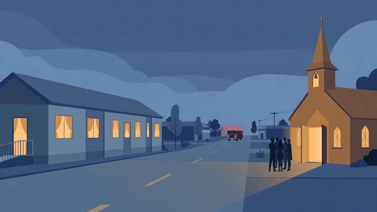 Editorial illustration of a senior living residence at dusk beside a church with warm lights, flat style, no actual building, person or place from the fire depicted