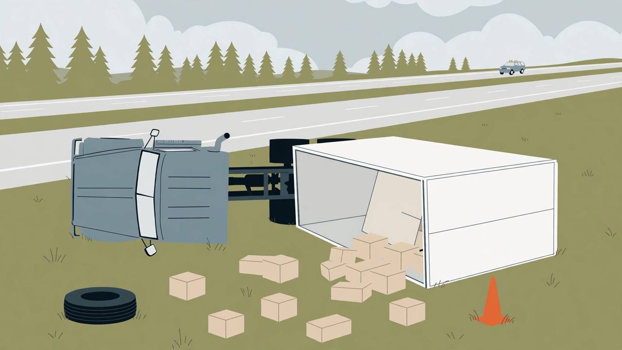 Editorial illustration of an overturned semi truck on a grassy interstate shoulder with cargo crates spilled beside it