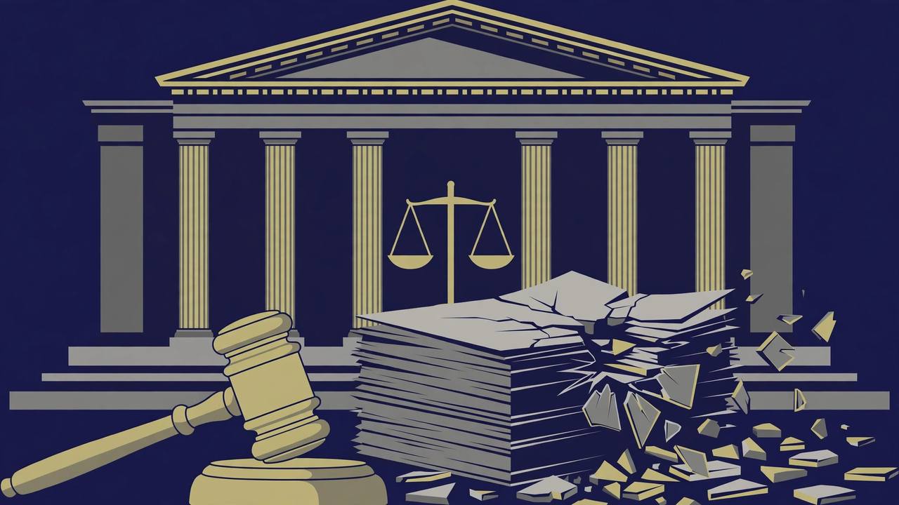 Editorial illustration of a courthouse, a gavel and a stack of fractured documents, flat style, no real person depicted