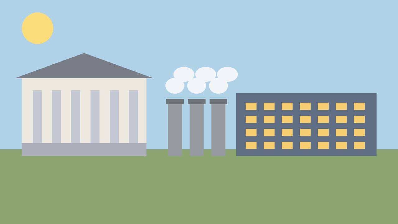 Editorial illustration of a generic courthouse, industrial gas turbines and a data centre building in Mississippi, flat style, no text, no real person or place depicted