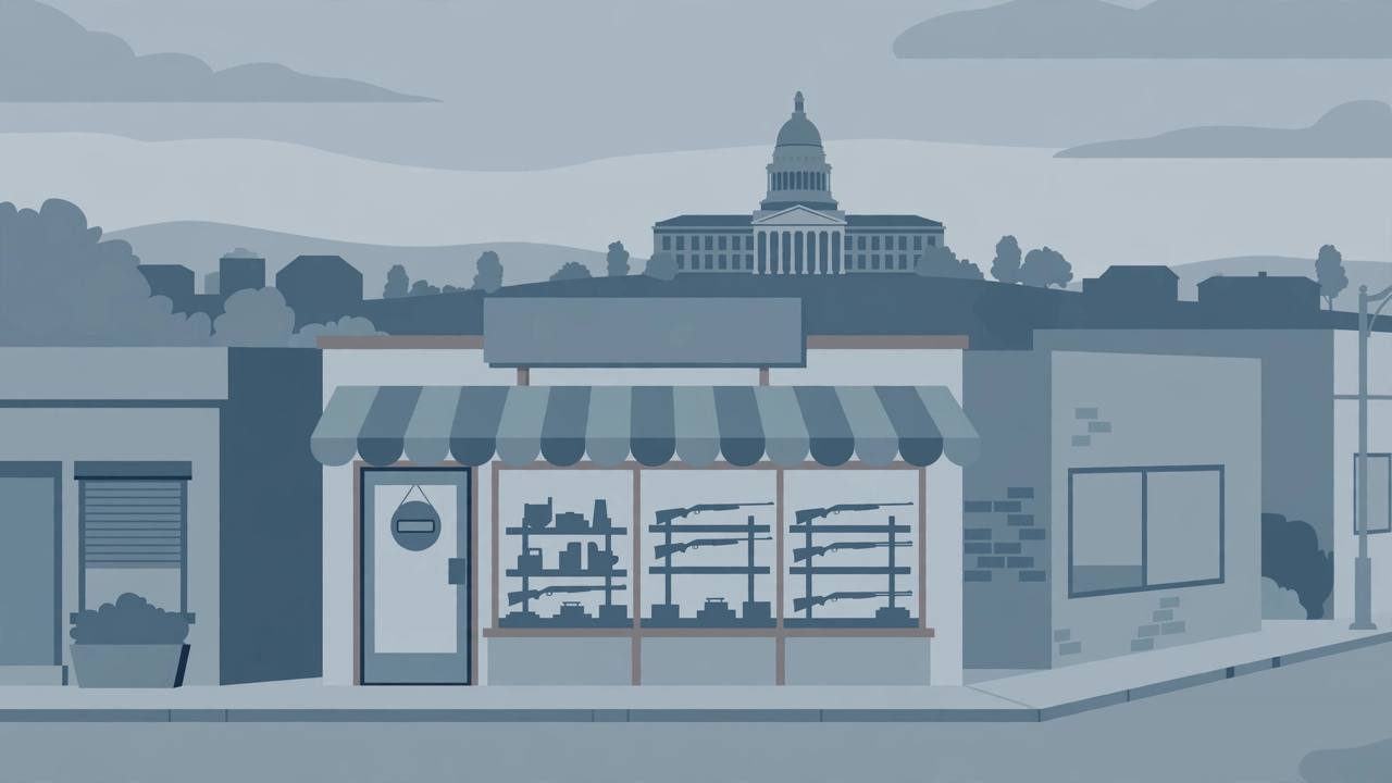 Editorial illustration of a generic gun shop storefront and courthouse, flat style, no people, no real place depicted, no text