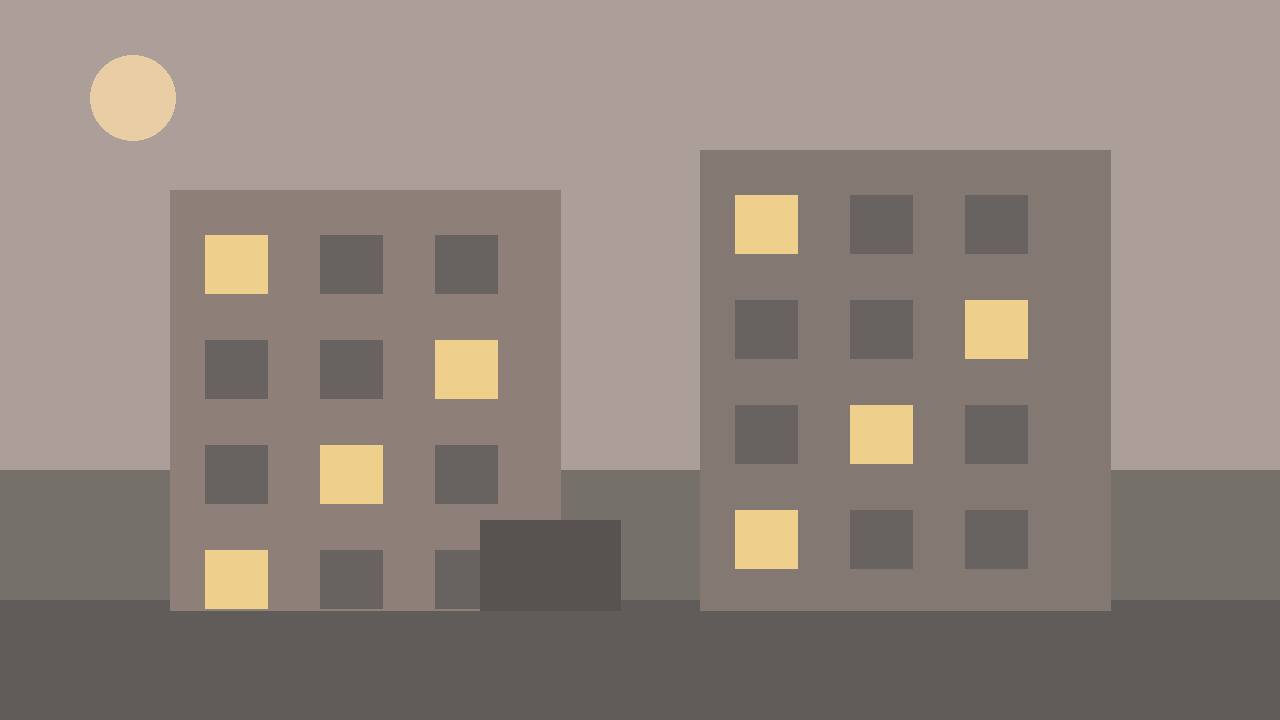 Editorial illustration of generic apartment buildings at dusk with a few lit windows, flat style, empty street, no people, no text, no real place depicted
