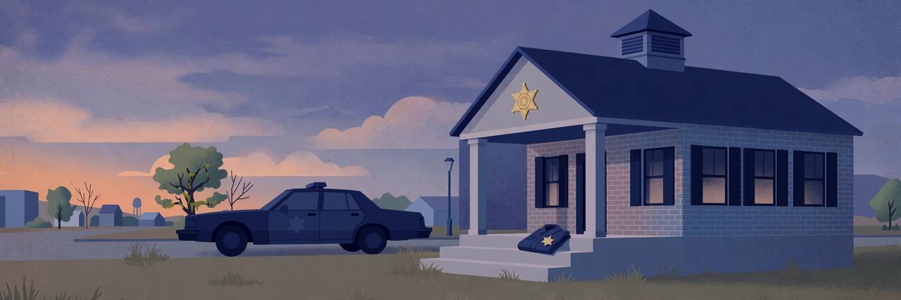 Editorial illustration of a generic small-town police department building in Mississippi at dusk with an empty patrol car outside