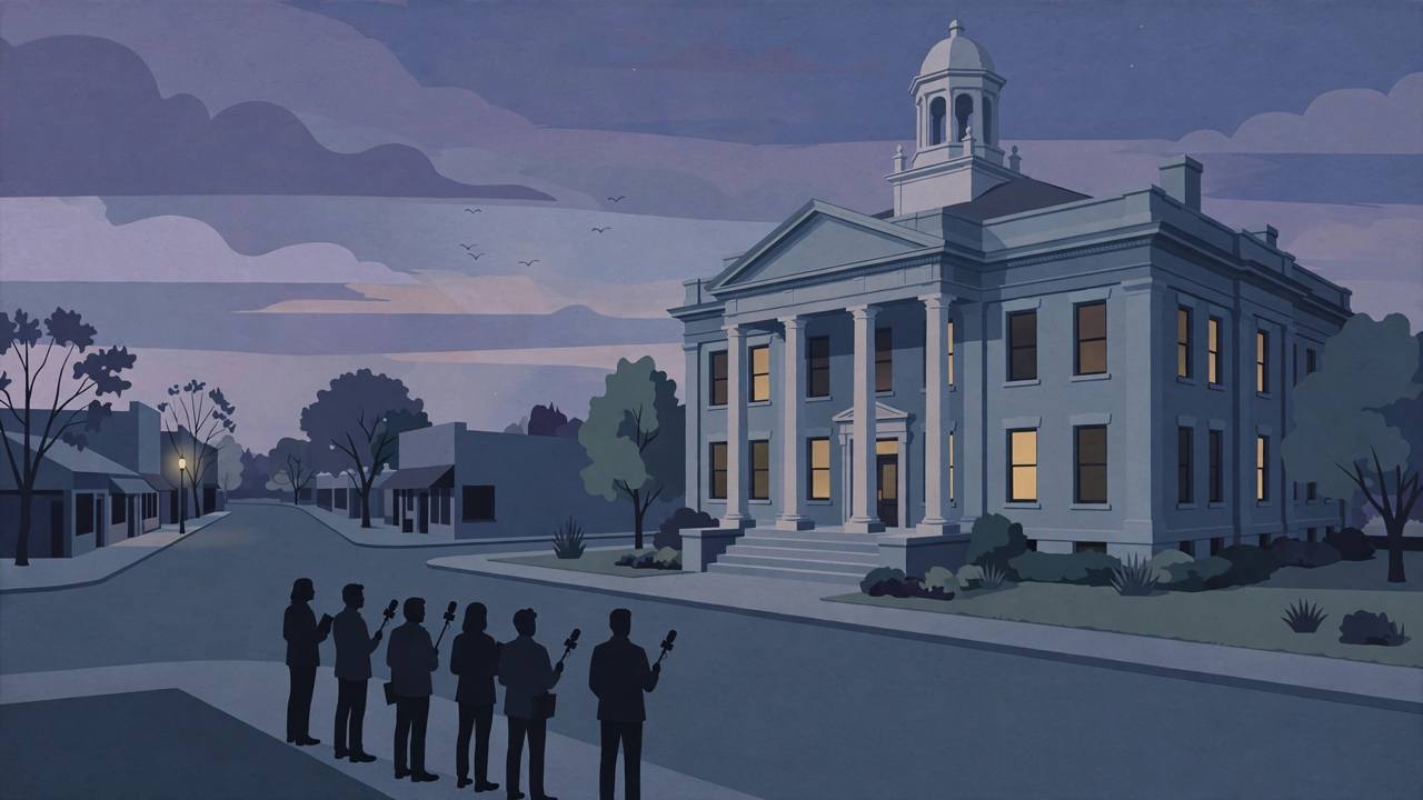 Editorial illustration of a small-town Mississippi courthouse at dusk with generic reporters holding microphones on the sidewalk