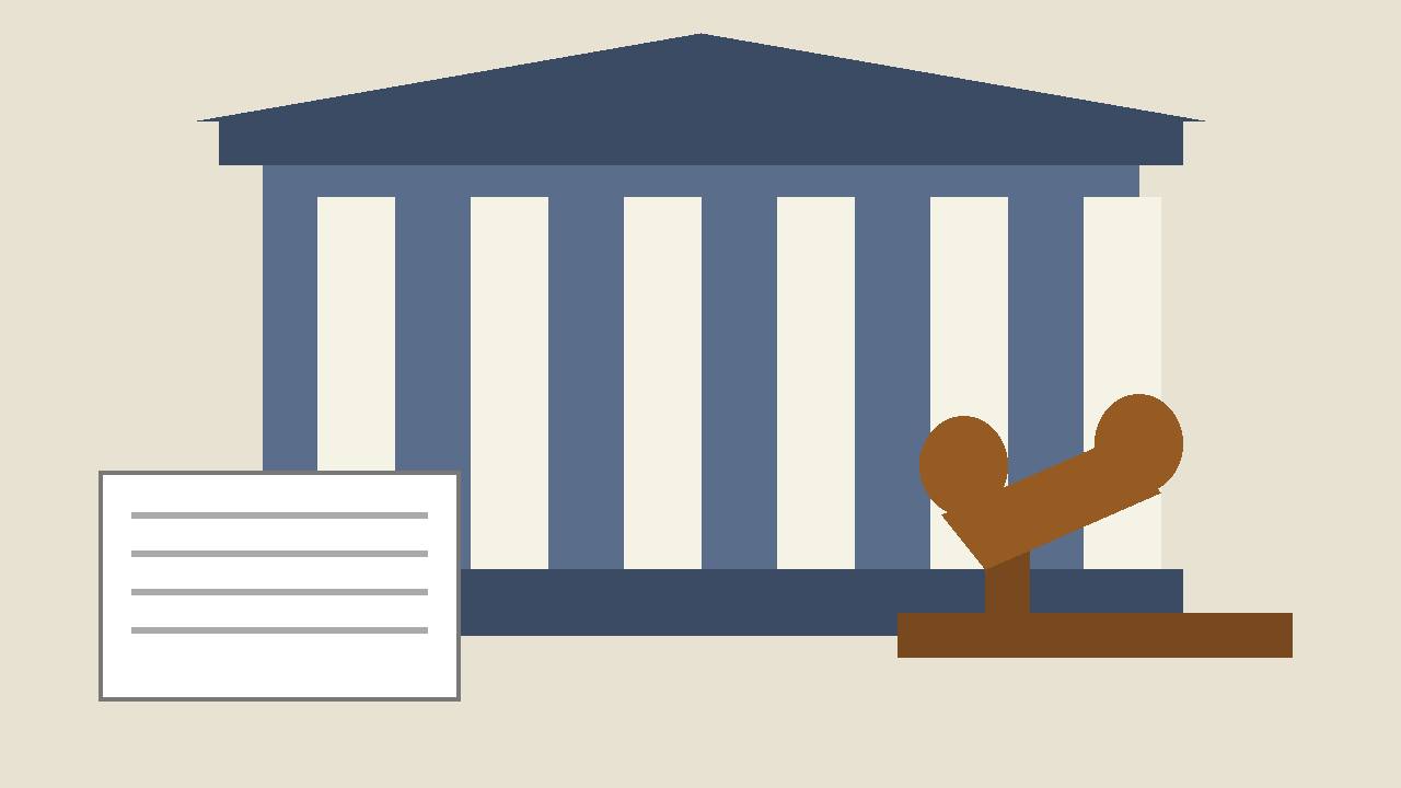 Editorial illustration of a courthouse, a gavel and a case file, with no people shown