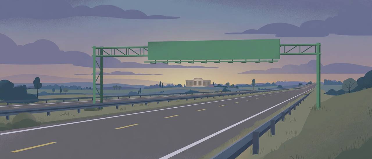 Editorial illustration of an empty interstate highway at dusk with a blank overhead sign gantry and a courthouse on the horizon