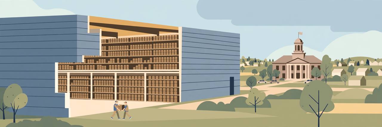 Editorial illustration of a large federal records warehouse in a Missouri suburb with archive boxes and file shelves, flat style, no text, no real person