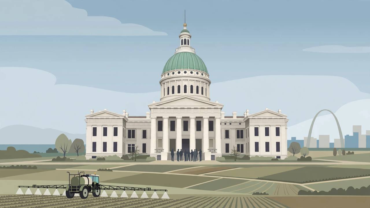 Editorial illustration of a St. Louis courthouse with the Gateway Arch, farm fields and a crop sprayer, symbolising the Monsanto Roundup verdict in Missouri