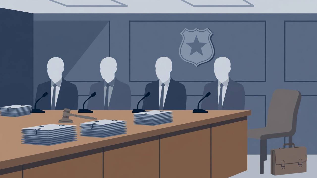 Editorial illustration of a generic police board meeting room with faceless officials, documents and one empty chair, flat style, no real person, no text
