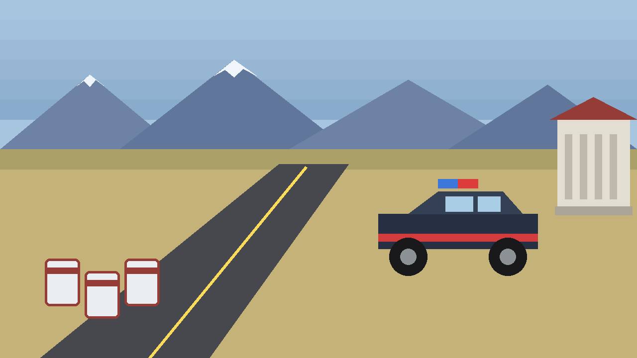 Editorial illustration of Montana mountains and prairie with a highway patrol stop, a federal courthouse and sealed evidence pouches, flat style, no real person depicted