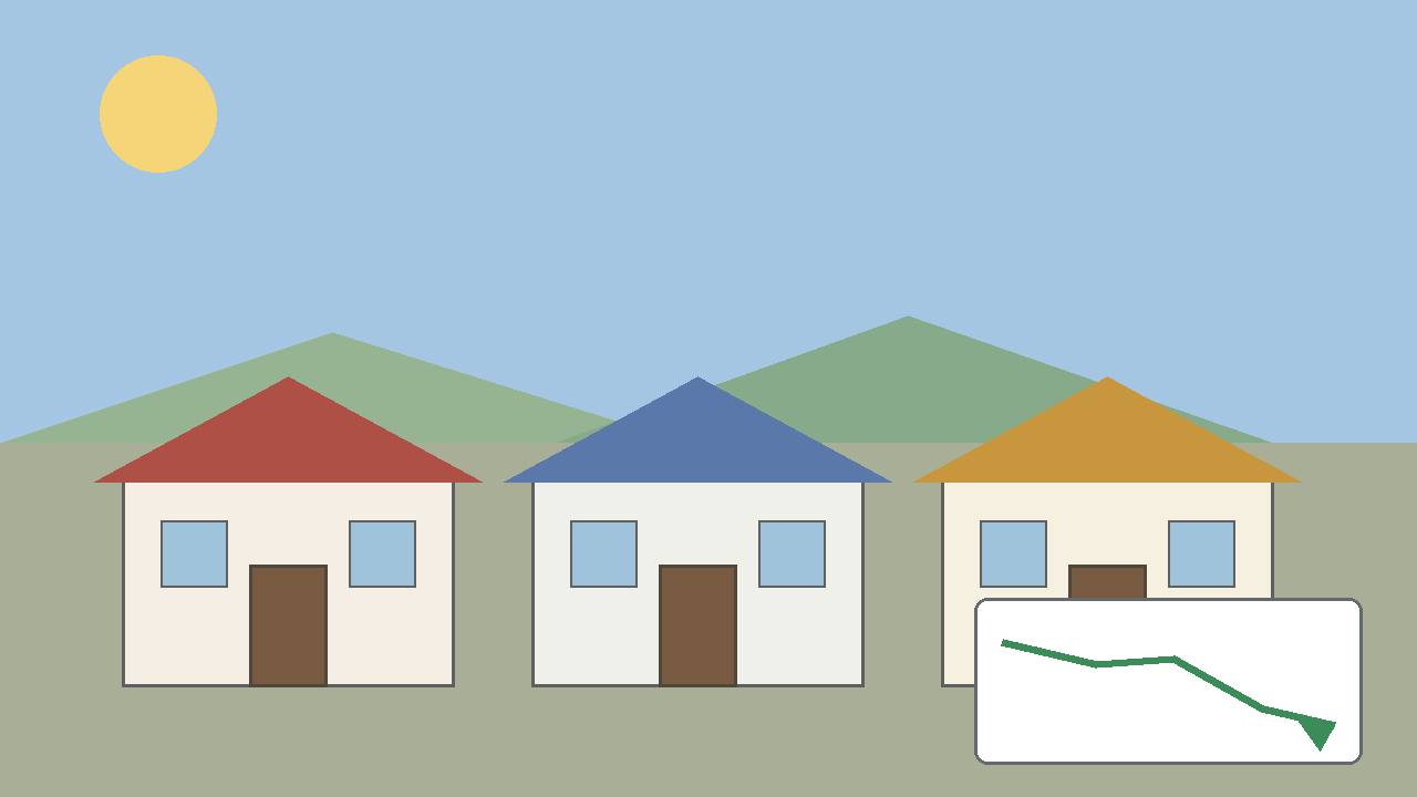 Editorial illustration of generic suburban houses with a downward green rate arrow in a chart box, flat style, no text, no people, no real house or place depicted
