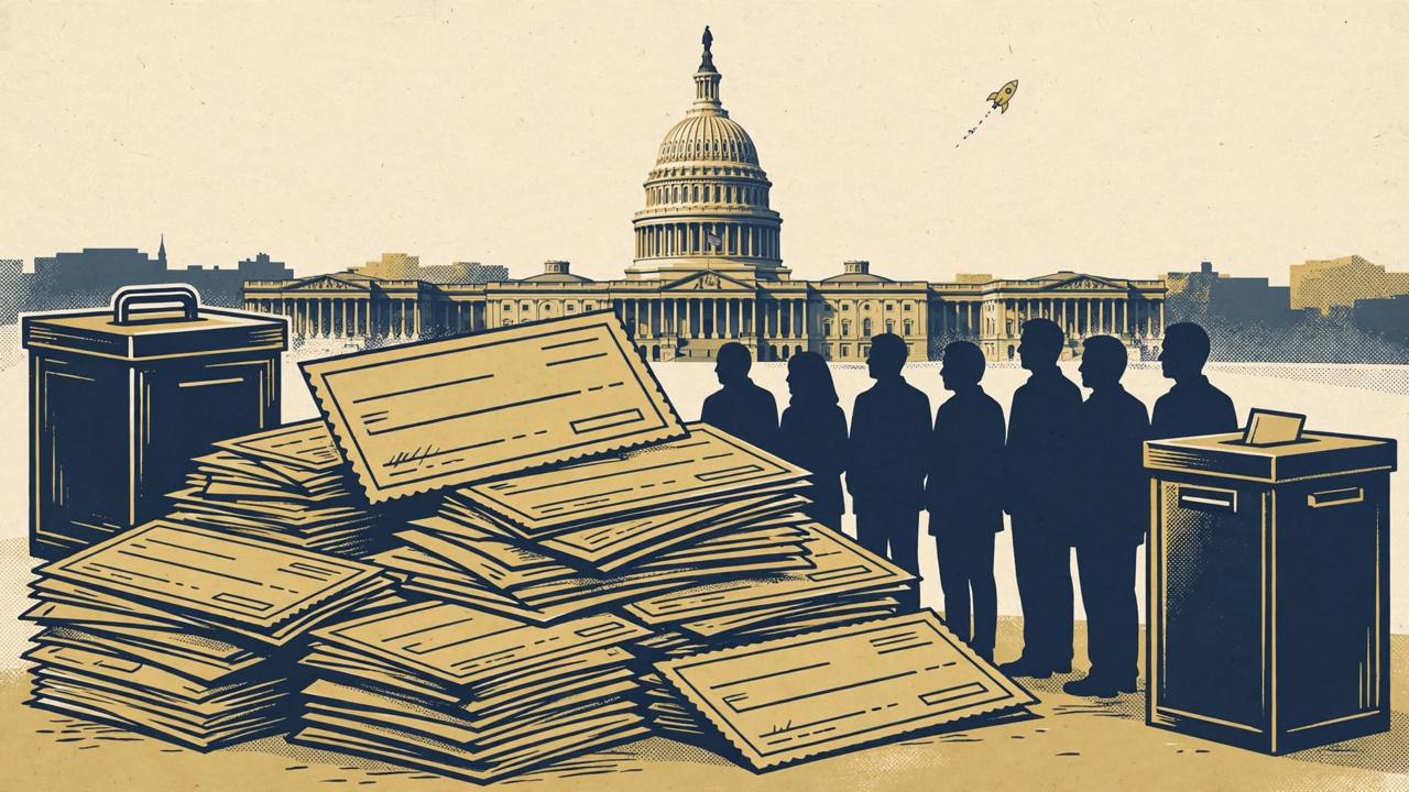 Editorial illustration of the US Capitol with generic campaign cheques, ballot boxes and silhouetted voters, flat style, no text, no real person depicted