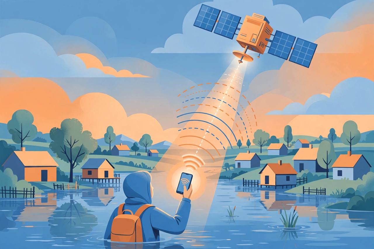 Editorial illustration of a generic satellite sending a signal to a generic mobile phone in a rural flooded landscape, flat style, no real person or place depicted